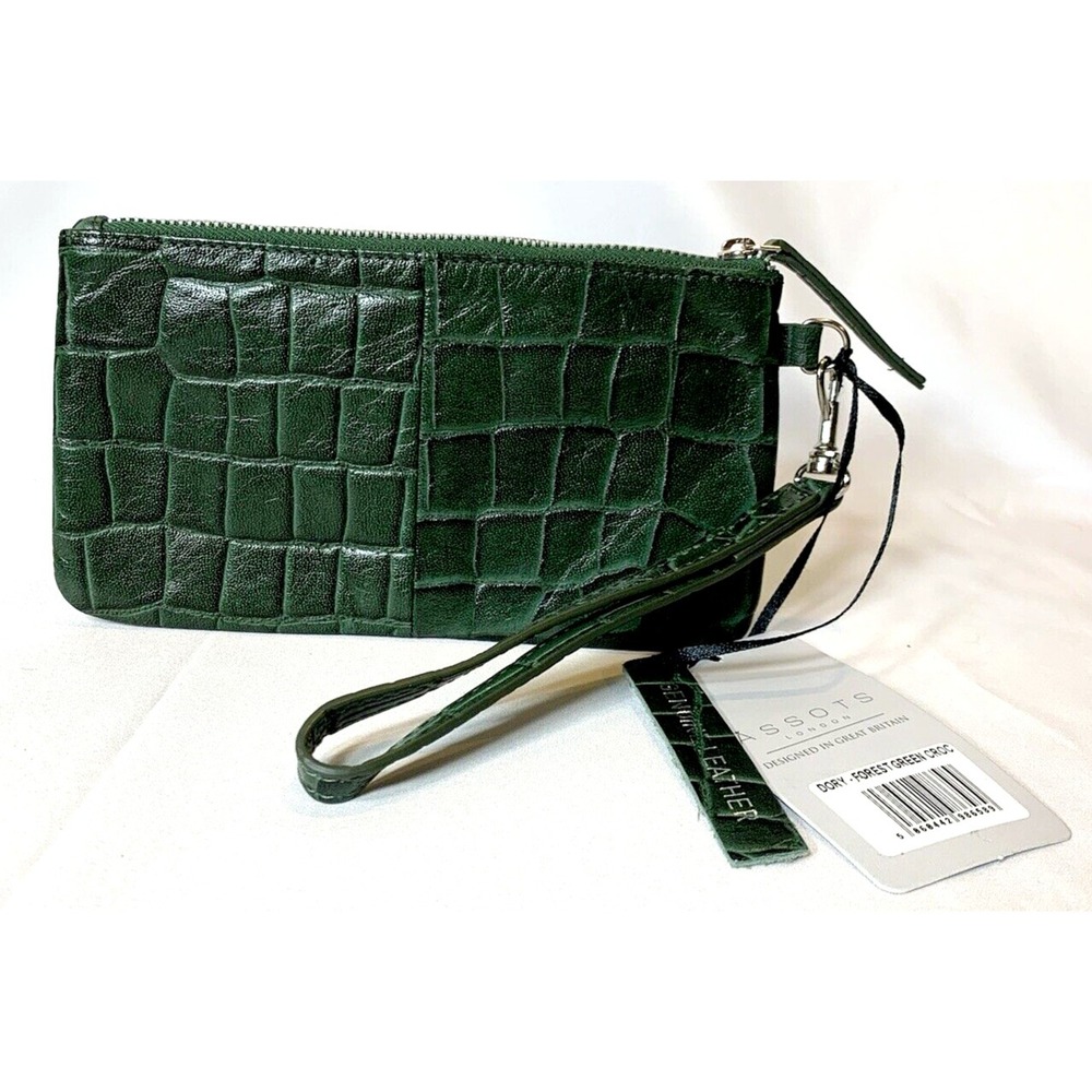 ASSOTS London Wristlet Leather DORY Green Croc Embossed Wallet NEW wTag MSRP $71